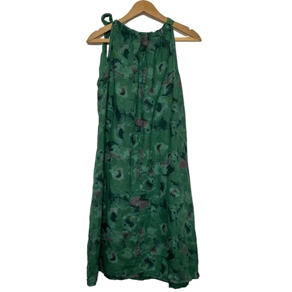 Bellambia 100% Pure Linen Green Floral Halter A-Line Dress Medium - Picture 3 of 11